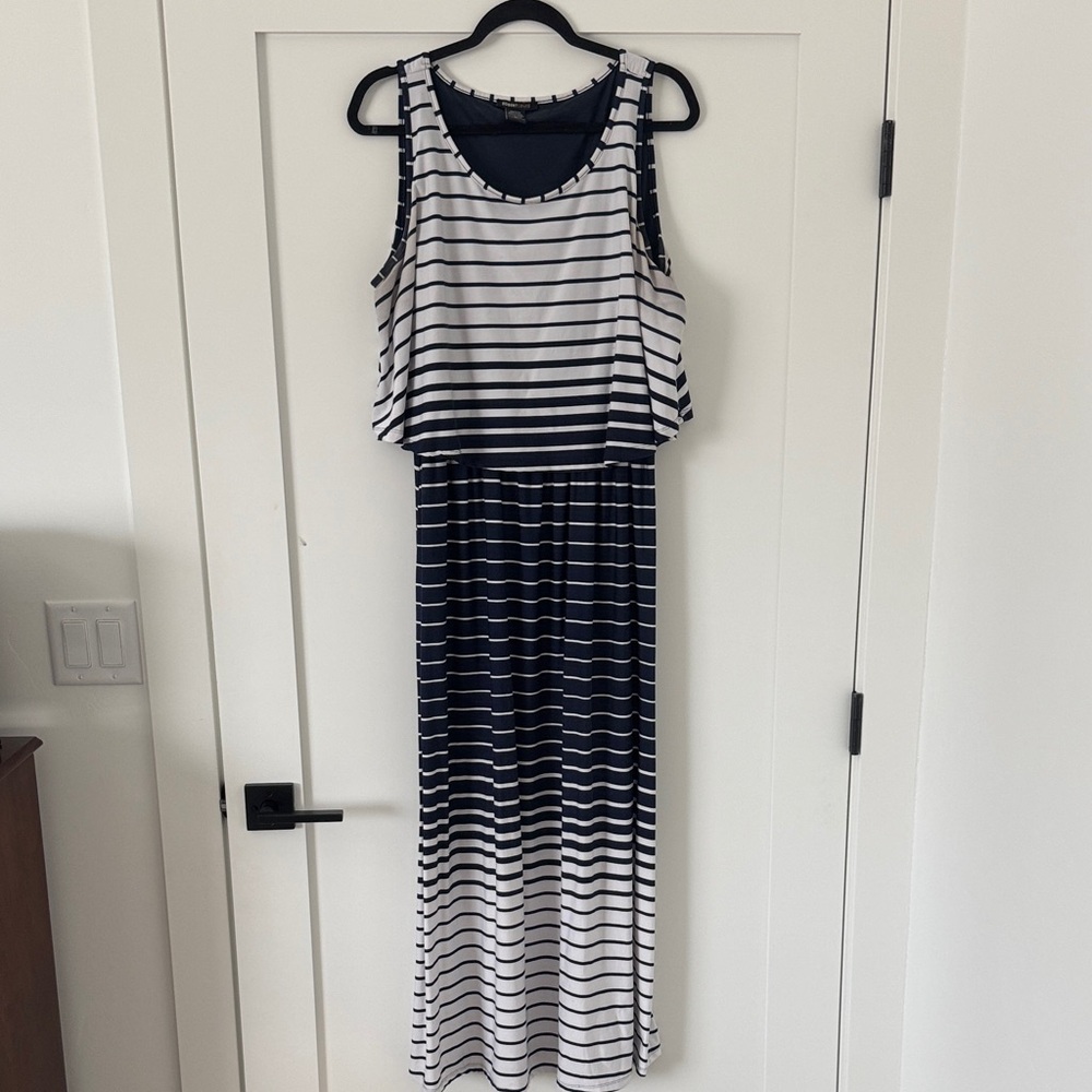 Striped Navy and White Maxi Dress - Sleeveless Casual